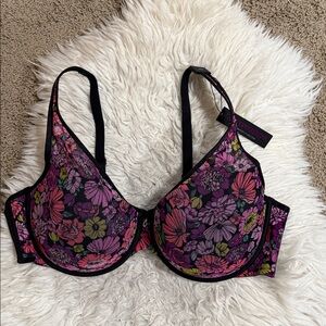 Curvy‎ Couture Women's Sheer Mesh Plunge T-shirt Bra Retro Roses Size 44D NWT